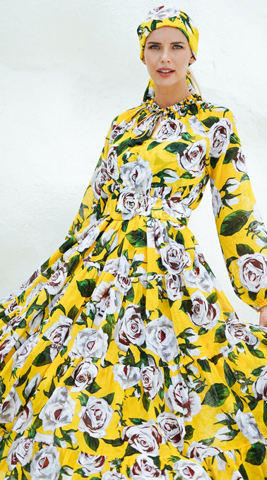 Eden Dress Crew Neck 3/4 Sleeve with Hamilton Belt Maxi  Length Cotton Musola (White Rose Bright)