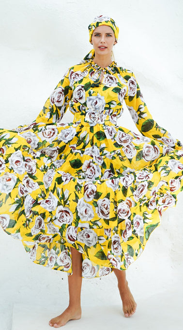 Eden Dress Crew Neck 3/4 Sleeve with Hamilton Belt Maxi  Length Cotton Musola (White Rose Bright)
