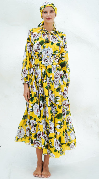 Eden Dress Crew Neck 3/4 Sleeve with Hamilton Belt Maxi  Length Cotton Musola (White Rose Bright)