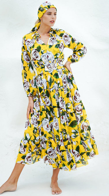 Eden Dress Crew Neck 3/4 Sleeve with Hamilton Belt Maxi  Length Cotton Musola (White Rose Bright)