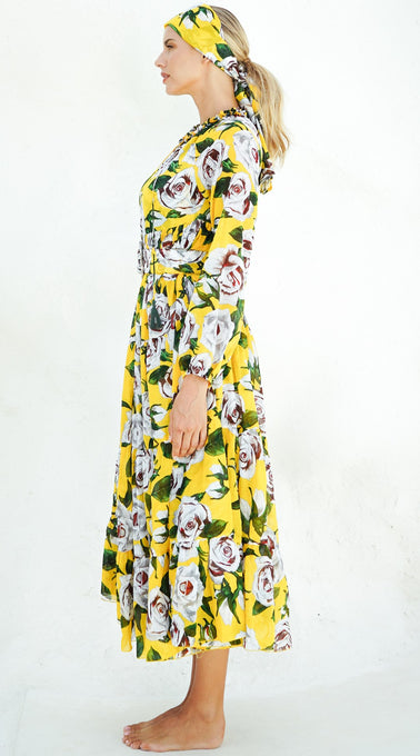 Eden Dress Crew Neck 3/4 Sleeve with Hamilton Belt Maxi  Length Cotton Musola (White Rose Bright)