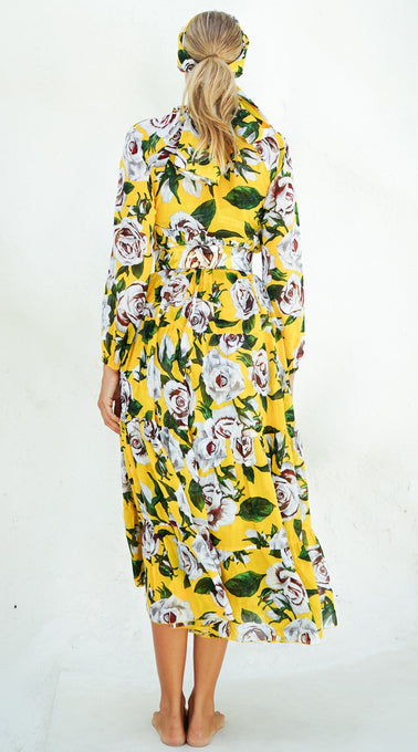 Eden Dress Crew Neck 3/4 Sleeve with Hamilton Belt Maxi  Length Cotton Musola (White Rose Bright)