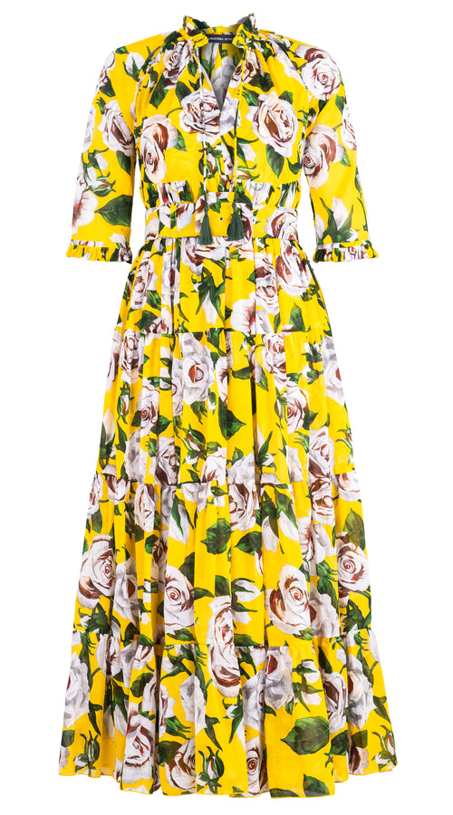 Eden Dress Crew Neck 3/4 Sleeve Maxi Musola (White Rose Bright) @1