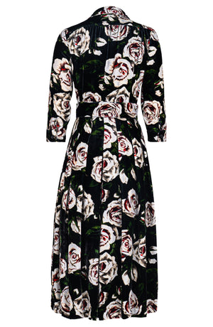 Audrey Dress #3 Shirt Collar 3/4 Sleeve Midi Length Silk Velvet (White Rose)