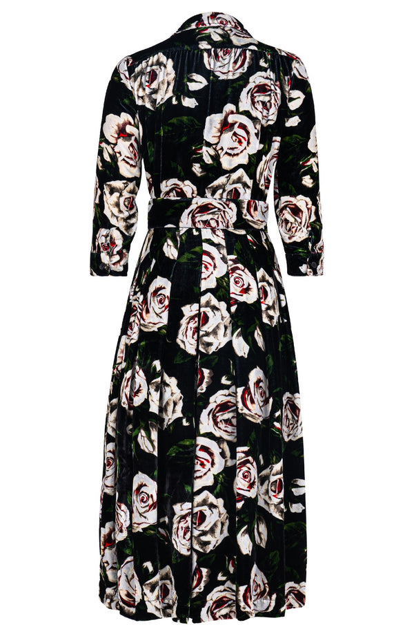 Audrey Dress #3 Shirt Collar 3/4 Sleeve Midi Length Silk Velvet (White Rose)