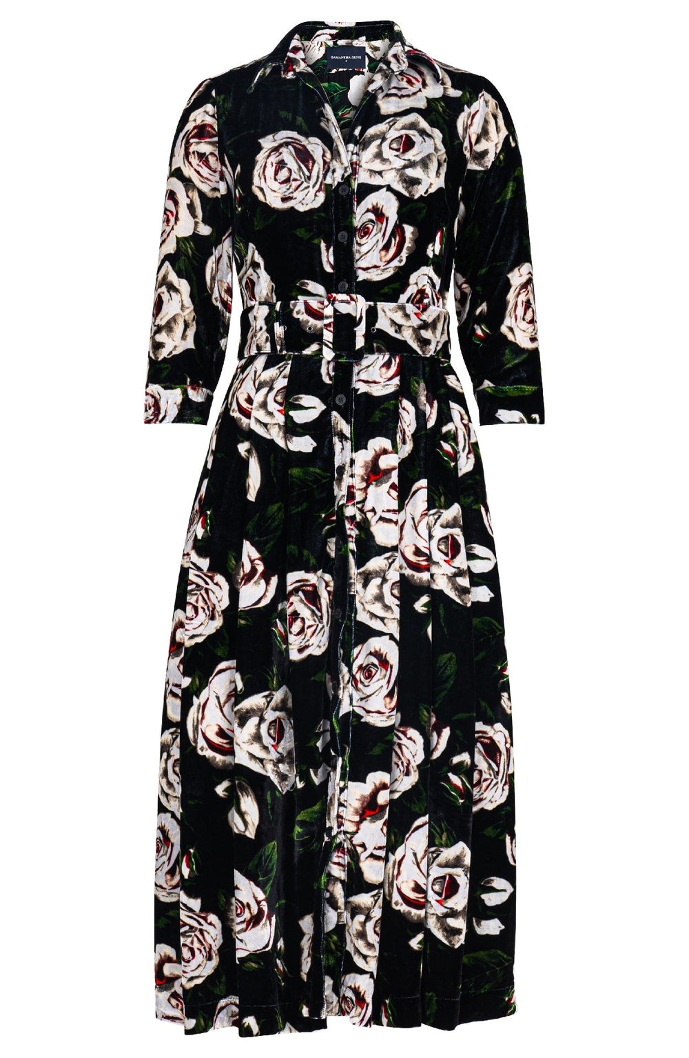Audrey Dress #3 Shirt Collar 3/4 Sleeve Midi Length Silk Velvet (White Rose)