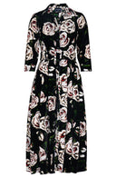 Audrey Dress #3 Shirt Collar 3/4 Sleeve Midi Length Silk Velvet (White Rose)