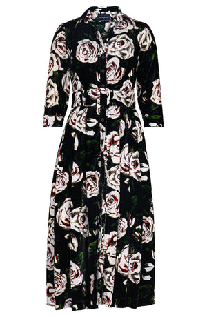 Audrey Dress #3 Shirt Collar 3/4 Sleeve Midi Length Silk Velvet (White Rose)