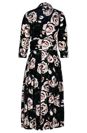 Audrey Dress #3 Shirt Collar 3/4 Sleeve Midi Length Silk Velvet (White Rose)