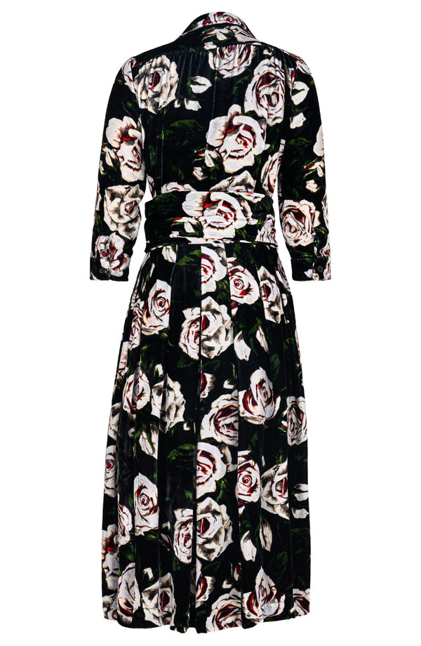 Audrey Dress #3 Shirt Collar 3/4 Sleeve Midi Length Silk Velvet (White Rose)