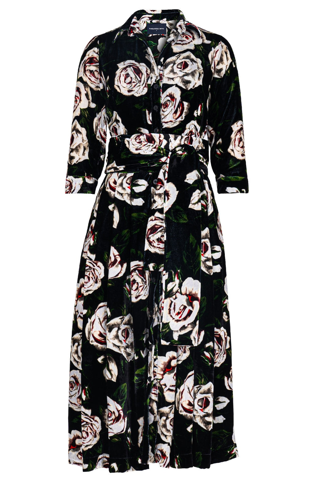 Audrey Dress #3 Shirt Collar 3/4 Sleeve Midi Length Silk Velvet (White Rose)