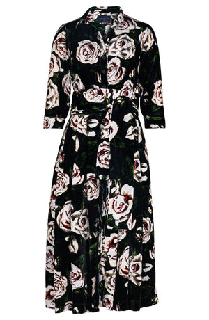 Audrey Dress #3 Shirt Collar 3/4 Sleeve Midi Length Silk Velvet (White Rose)