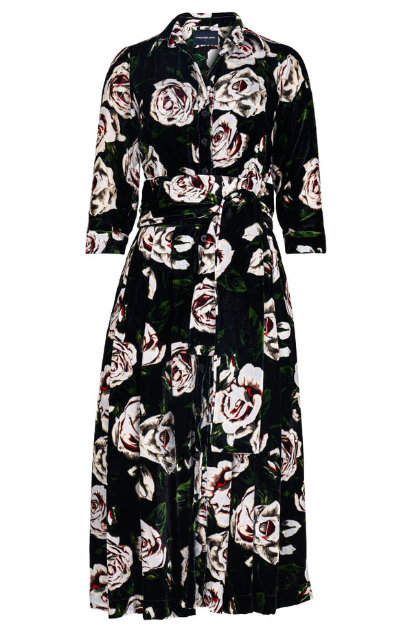 Audrey Dress #3 Shirt Collar 3/4 Sleeve Midi Length Silk Velvet (White Rose)