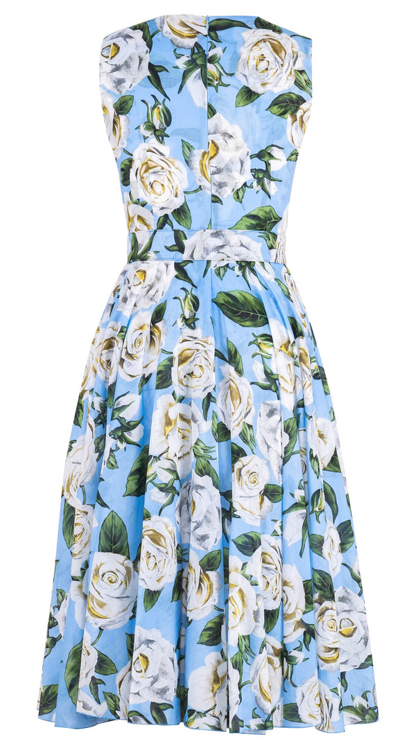 Aster Dress Crew Neck Sleeveless Midi Length Cotton Musola (White Rose Pastel)