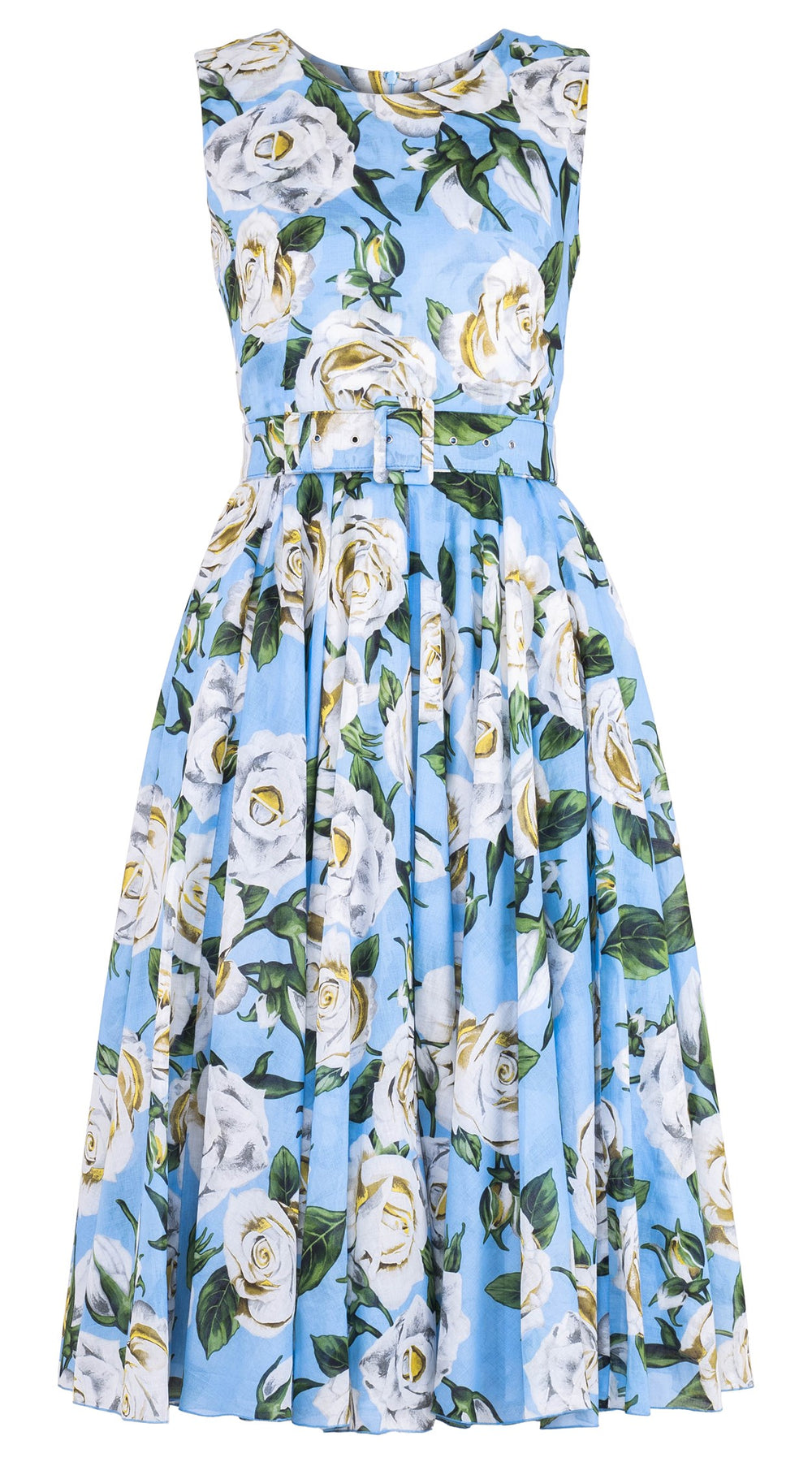 Aster Dress Crew Neck Sleeveless Midi Length Cotton Musola (White Rose Pastel)
