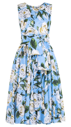 Aster Dress Crew Neck Sleeveless Midi Length Cotton Musola (White Rose Pastel)