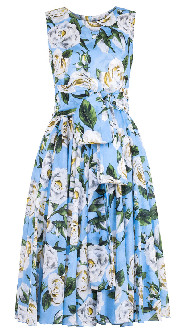 Aster Dress Crew Neck Sleeveless Midi Length Cotton Musola (White Rose Pastel)