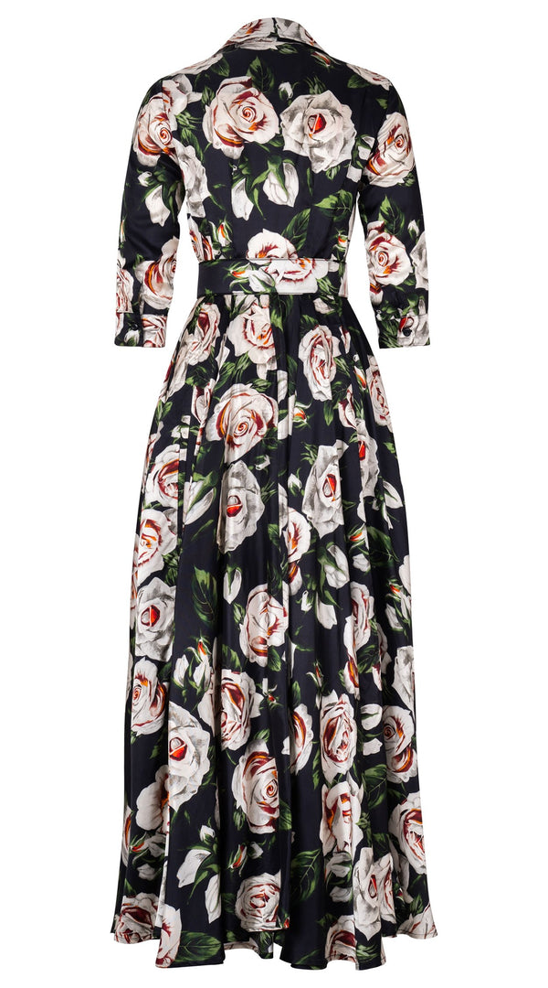 Aster Dress Shirt Collar 3/4 Sleeve Maxi Length Silk Twill  (White Rose Bright) - Black