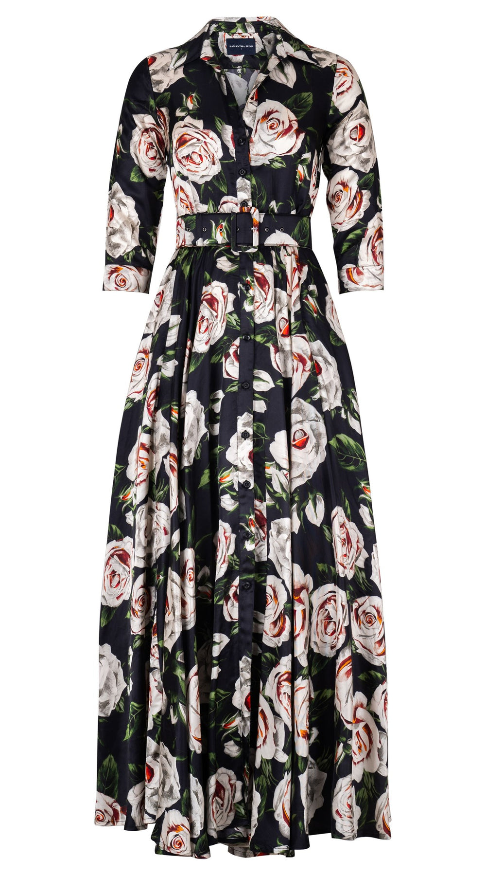 Aster Dress Shirt Collar 3/4 Sleeve Maxi Length Silk Twill  (White Rose Bright) - Black