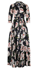 Aster Dress Shirt Collar 3/4 Sleeve Maxi Length Silk Twill  (White Rose Bright) - Black