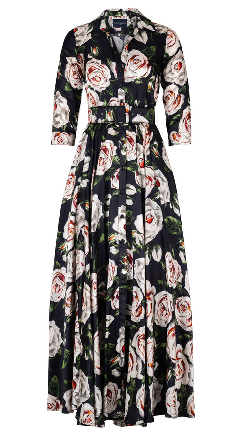 Aster Dress Shirt Collar 3/4 Sleeve Maxi Length Silk Twill  (White Rose Bright) - Black