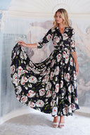 Aster Dress Shirt Collar 3/4 Sleeve Maxi Length Poliamide Taffta (White Rose)