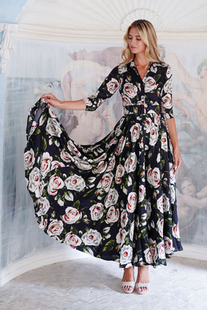 Aster Dress Shirt Collar 3/4 Sleeve Maxi Length Poliamide Taffta (White Rose)