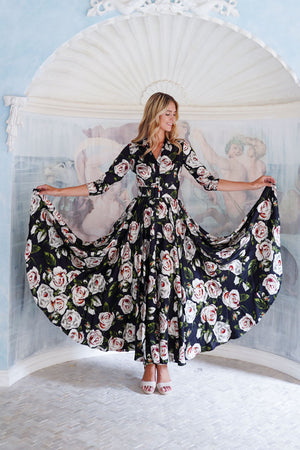 Aster Dress Shirt Collar 3/4 Sleeve Maxi Length Poliamide Taffta (White Rose)