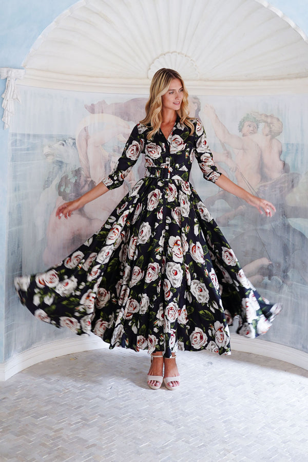 Aster Dress Shirt Collar 3/4 Sleeve Maxi Length Poliamide Taffta (White Rose)