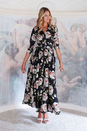 Aster Dress Shirt Collar 3/4 Sleeve Maxi Length Poliamide Taffta (White Rose)