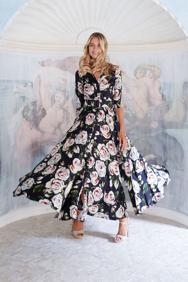 Aster Dress Shirt Collar 3/4 Sleeve Maxi Length Poliamide Taffta (White Rose)