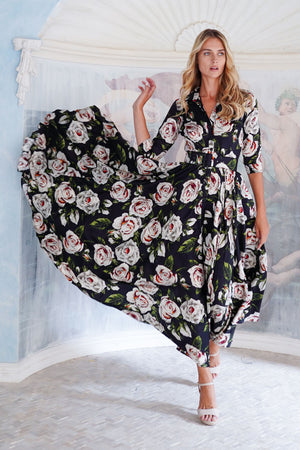 Aster Dress Shirt Collar 3/4 Sleeve Maxi Length Poliamide Taffta (White Rose)