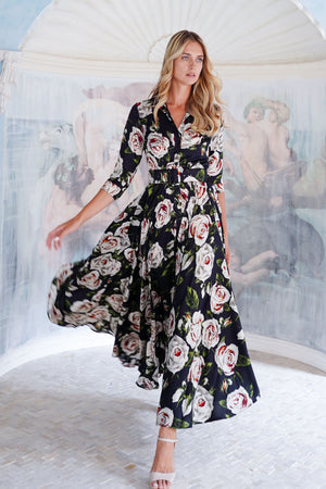 Aster Dress Shirt Collar 3/4 Sleeve Maxi Length Poliamide Taffta (White Rose)