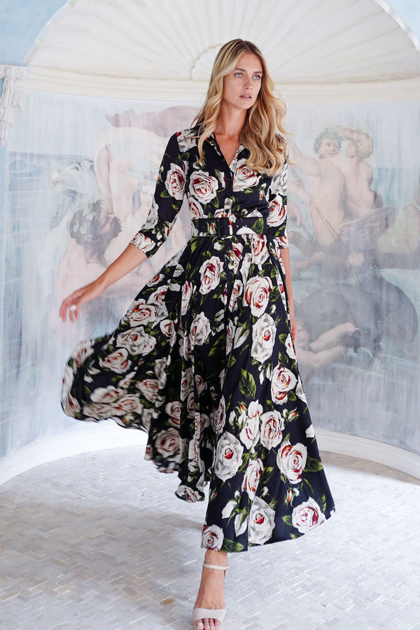 Aster Dress Shirt Collar 3/4 Sleeve Maxi Length Poliamide Taffta (White Rose)