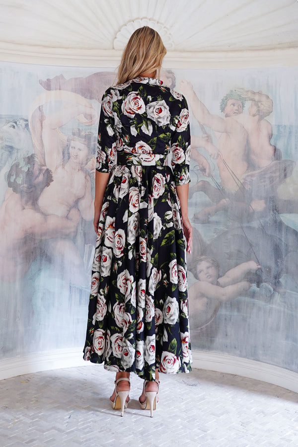 Aster Dress Shirt Collar 3/4 Sleeve Maxi Length Poliamide Taffta (White Rose)