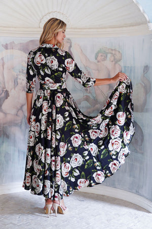 Aster Dress Shirt Collar 3/4 Sleeve Maxi Length Poliamide Taffta (White Rose)