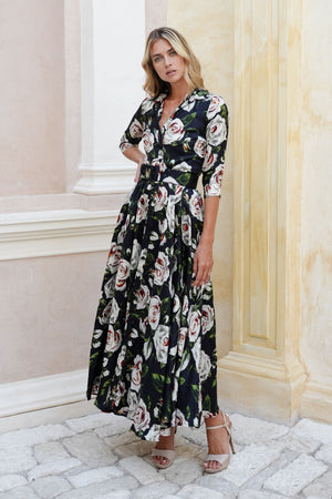 Aster Dress Shirt Collar 3/4 Sleeve Maxi Length Poliamide Taffta (White Rose)