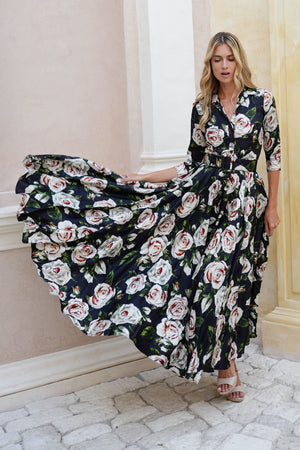 Aster Dress Shirt Collar 3/4 Sleeve Maxi Length Poliamide Taffta (White Rose)