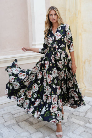 Aster Dress Shirt Collar 3/4 Sleeve Maxi Length Poliamide Taffta (White Rose)