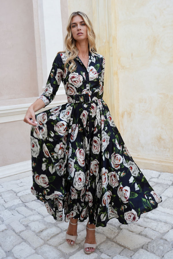 Aster Dress Shirt Collar 3/4 Sleeve Maxi Length Poliamide Taffta (White Rose)