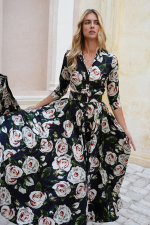 Aster Dress Shirt Collar 3/4 Sleeve Maxi Length Poliamide Taffta (White Rose)