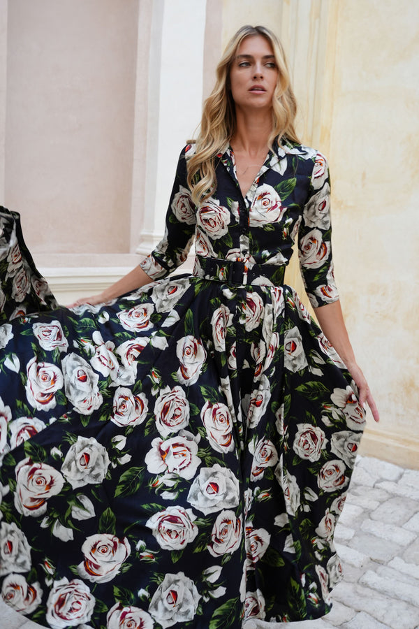 Aster Dress Shirt Collar 3/4 Sleeve Maxi Length Poliamide Taffta (White Rose)