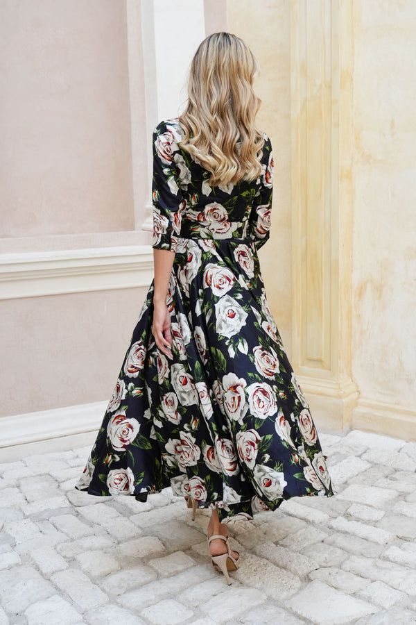 Aster Dress Shirt Collar 3/4 Sleeve Maxi Length Poliamide Taffta (White Rose)