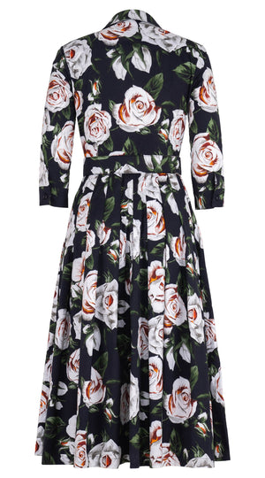 Audrey Dress #4 Shirt Collar 3/4 Sleeve Midi Length Cotton Stretch (White Rose Bright)
