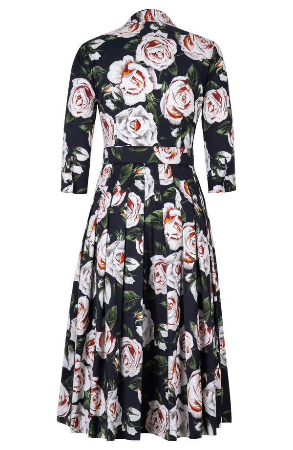 Audrey Dress #4 Shirt Collar 3/4 Sleeve Midi Length Cotton Stretch (White Rose)