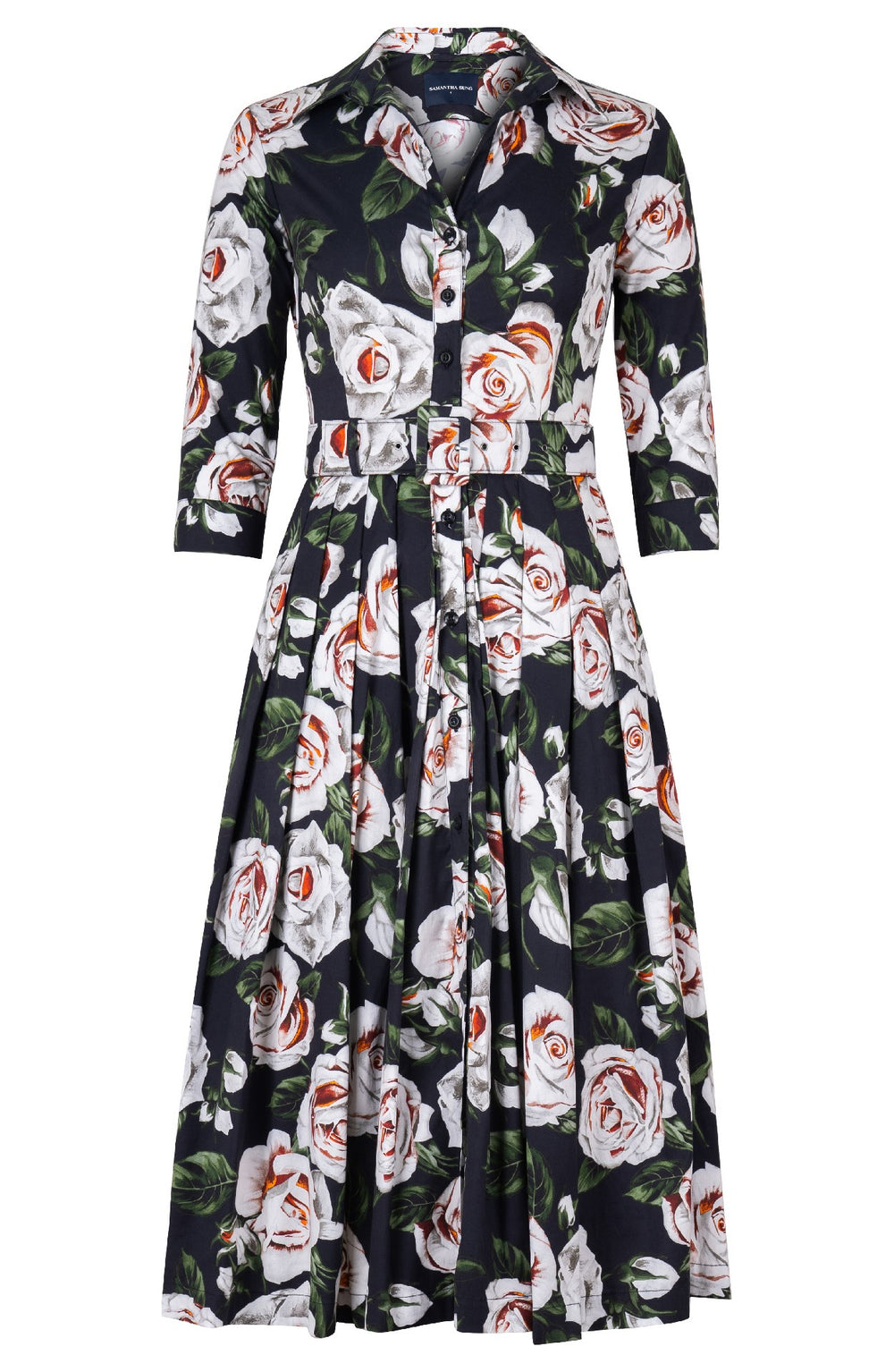 Audrey Dress #4 Shirt Collar 3/4 Sleeve Midi Length Cotton Stretch (White Rose)