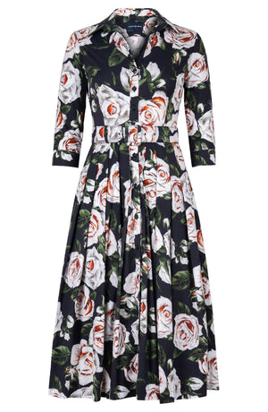 Audrey Dress #4 Shirt Collar 3/4 Sleeve Midi Length Cotton Stretch (White Rose)