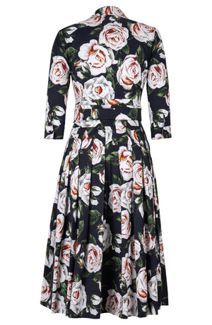 Audrey Dress #4 Shirt Collar 3/4 Sleeve Midi Length Cotton Stretch (White Rose)