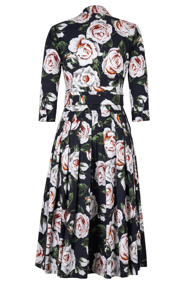 Audrey Dress #4 Shirt Collar 3/4 Sleeve Midi Length Cotton Stretch (White Rose)