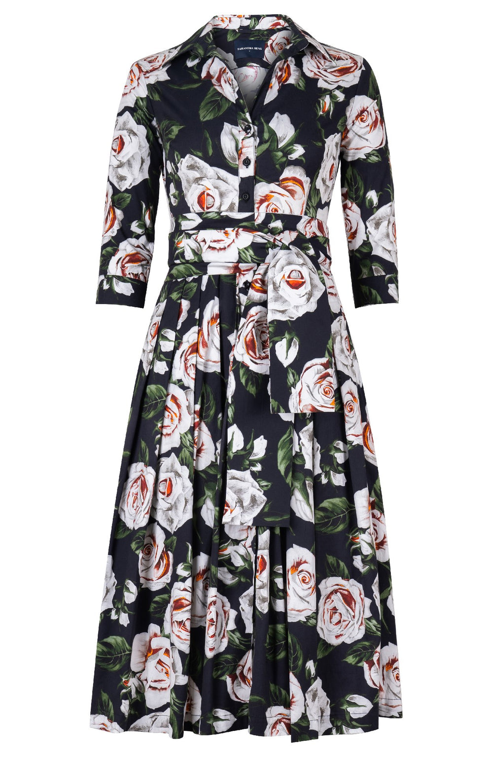 Audrey Dress #4 Shirt Collar 3/4 Sleeve Midi Length Cotton Stretch (White Rose)